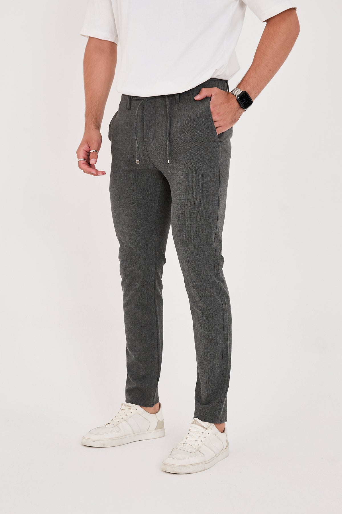 Erkek Gofre Kumaş Likralı Jogger Slim Fit Pantolon - Antrasit
