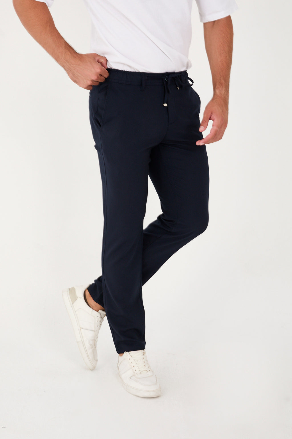 Erkek Jogger Slim Fit Bel Yarım Lastikli Likralı Kumaş Pantolon - Lacivert