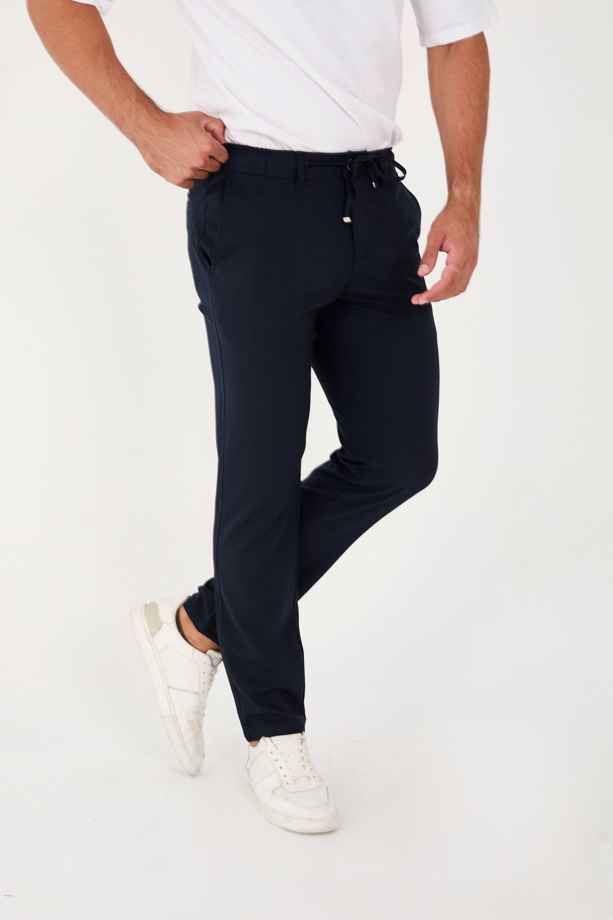 Erkek Jogger Slim Fit Bel Yarım Lastikli Likralı Kumaş Pantolon - Lacivert