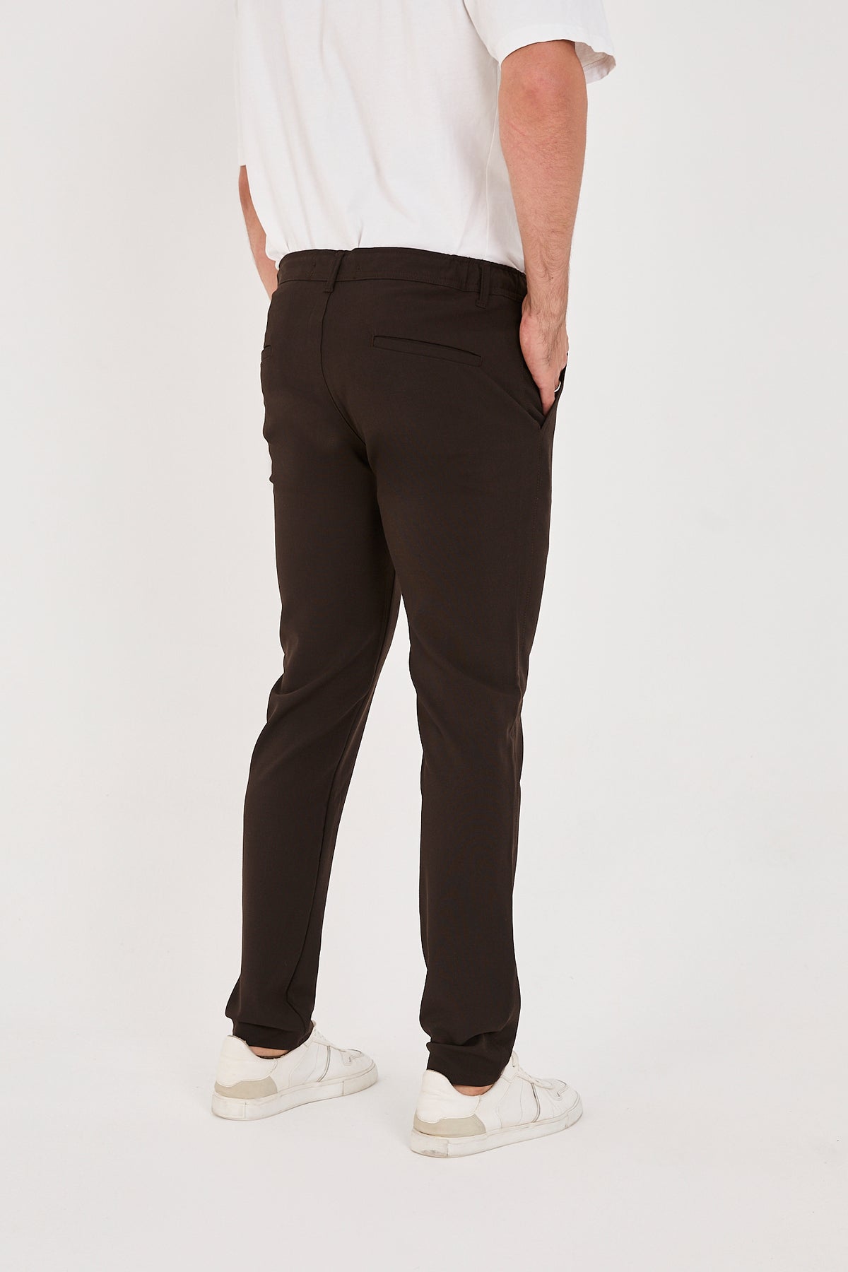 Erkek Jogger Slim Fit Bel Yarım Lastikli Likralı Kumaş Pantolon - Kahverengi