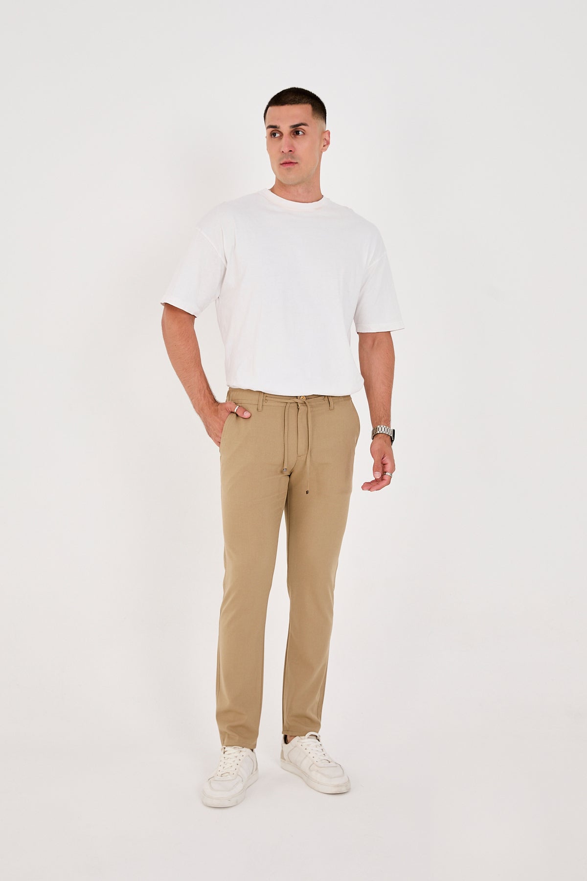 Erkek Jogger Slim Fit Bel Yarım Lastikli Likralı Kumaş Pantolon - Vizon