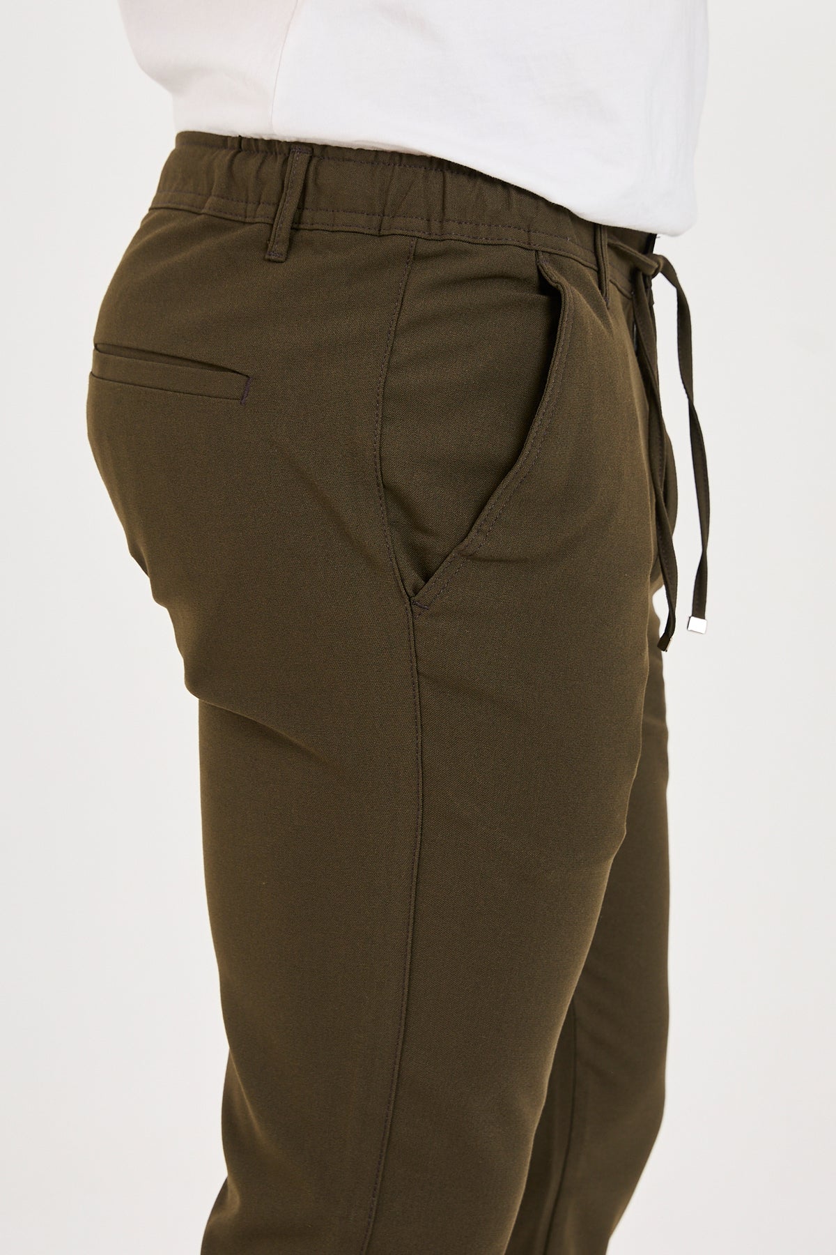 Erkek Jogger Slim Fit Bel Yarım Lastikli Likralı Kumaş Pantolon - Haki