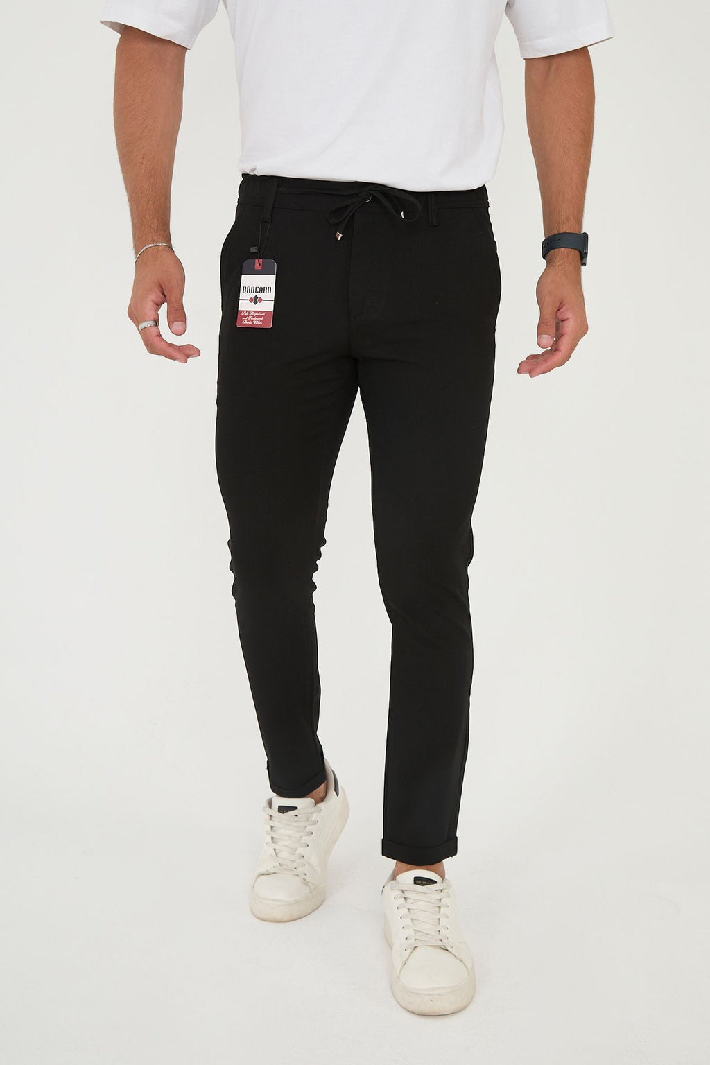 Erkek Jogger Slim Fit Bel Yarım Lastikli Duble Paça Kumaş Pantolon - Siyah