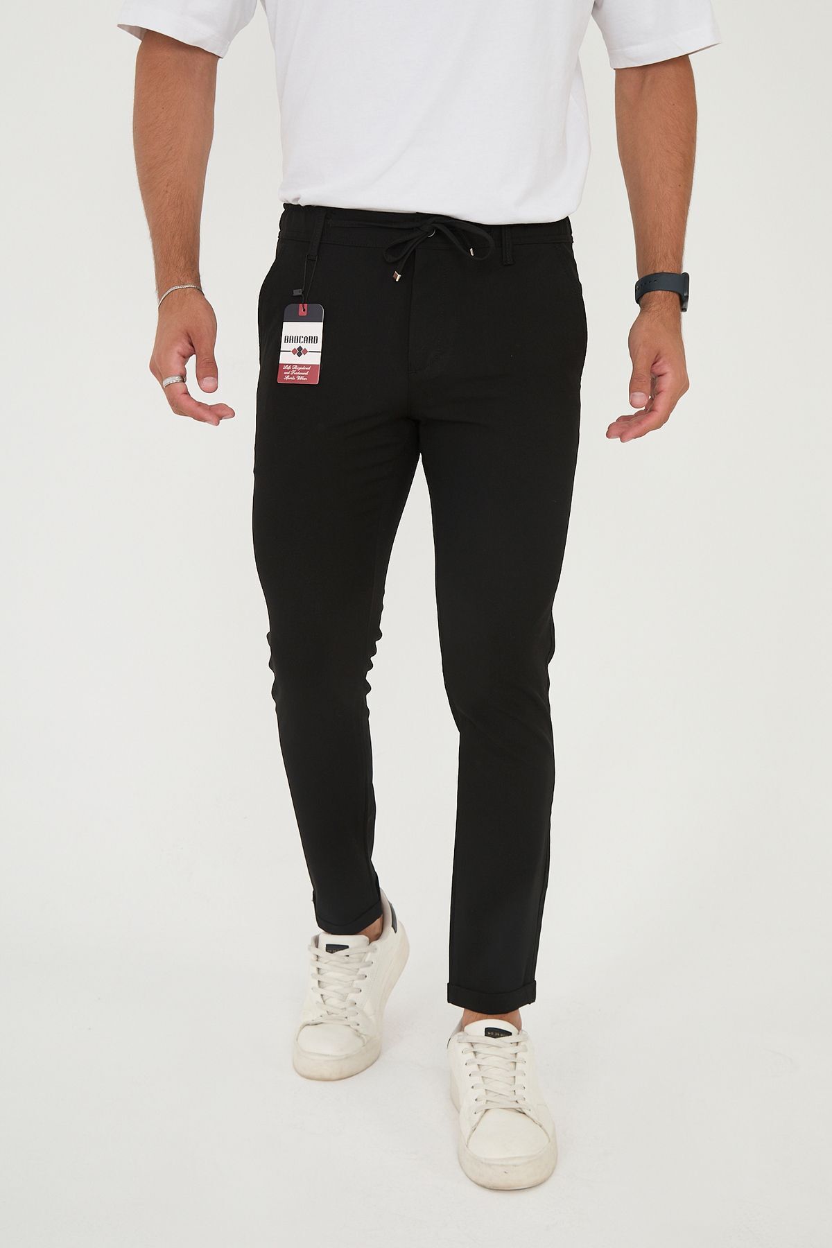 Erkek Jogger Slim Fit Bel Yarım Lastikli Duble Paça Kumaş Pantolon - Siyah
