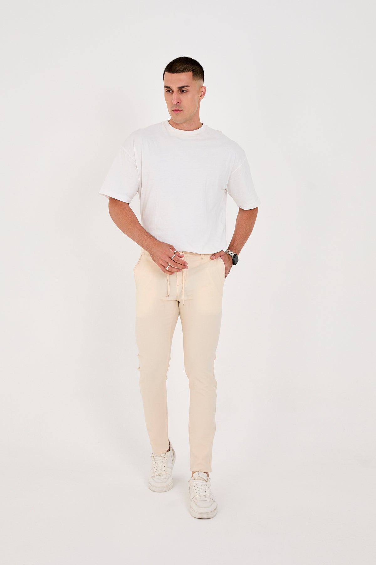 Erkek Gofre Kumaş Likralı Jogger Slim Fit Pantolon - Krem