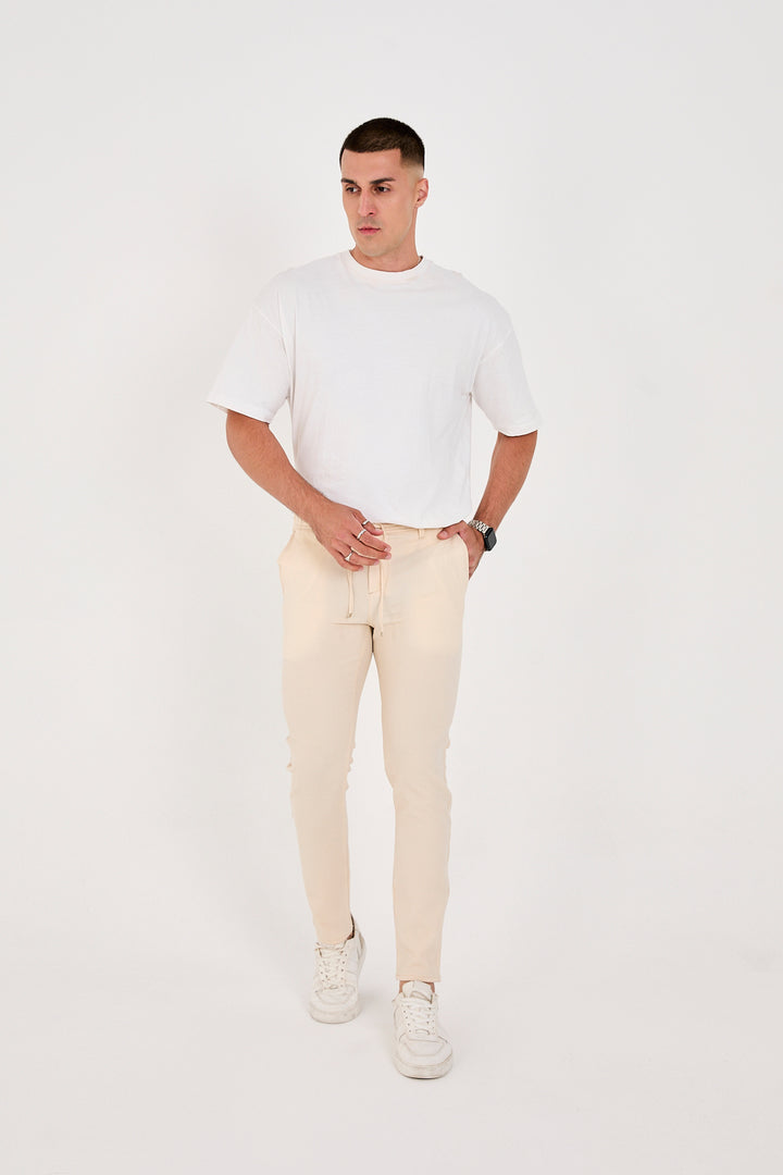 Erkek Gofre Kumaş Likralı Jogger Slim Fit Pantolon - Krem