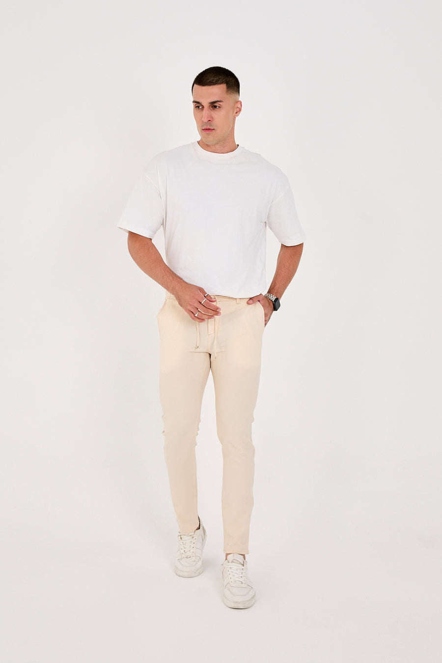 Erkek Gofre Kumaş Likralı Jogger Slim Fit Pantolon - Krem