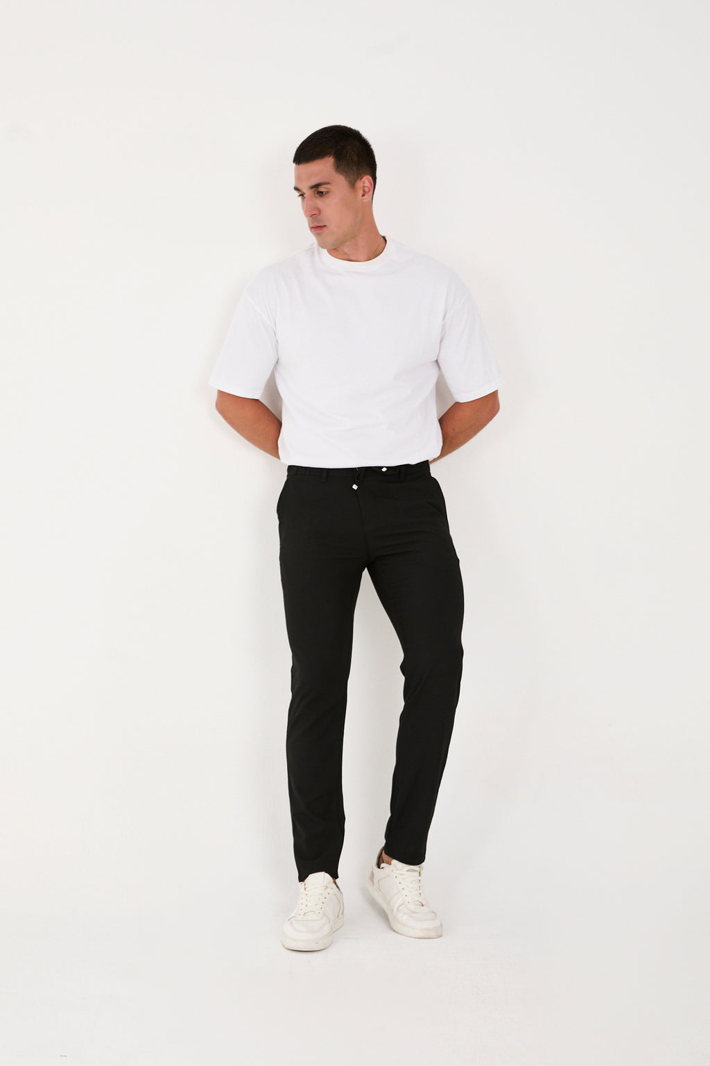 Erkek Jogger Slim Fit Bel Yarım Lastikli Likralı Kumaş Pantolon - Siyah
