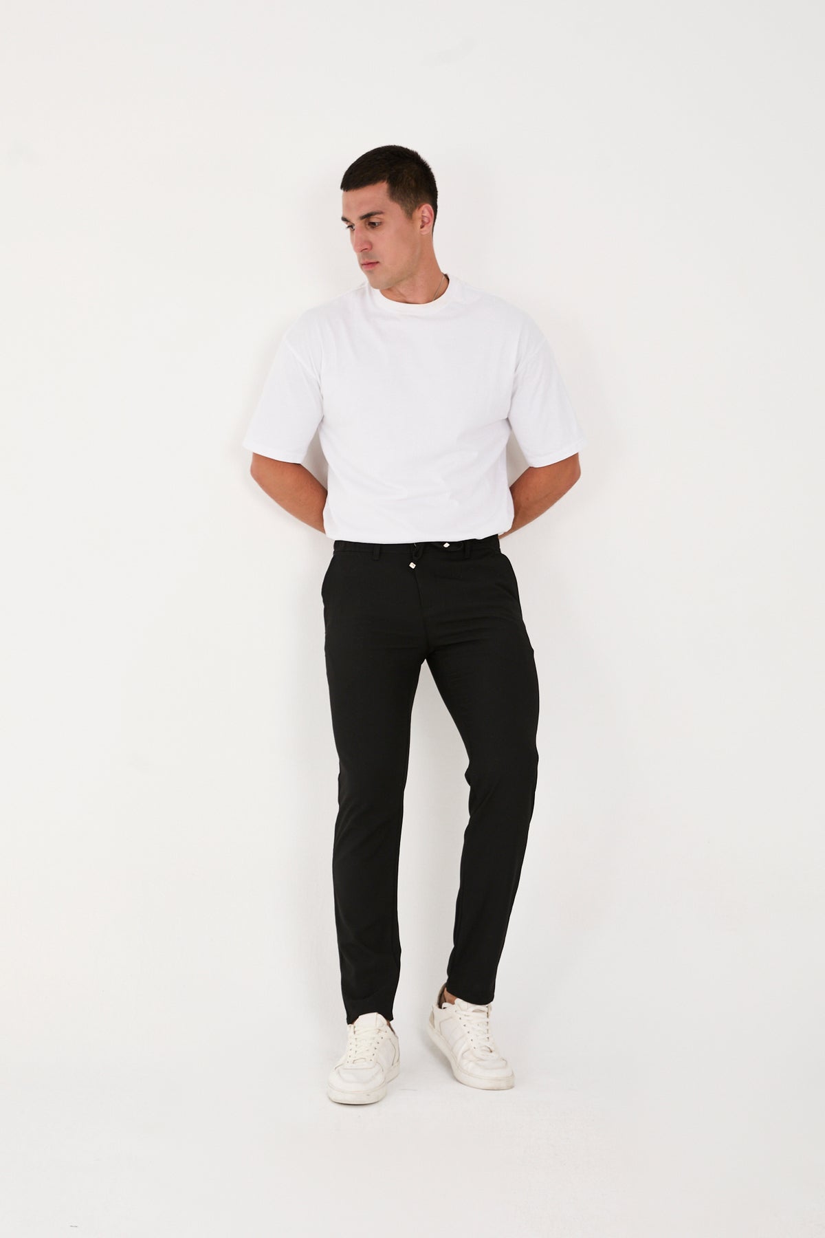 Erkek Jogger Slim Fit Bel Yarım Lastikli Likralı Kumaş Pantolon - Siyah