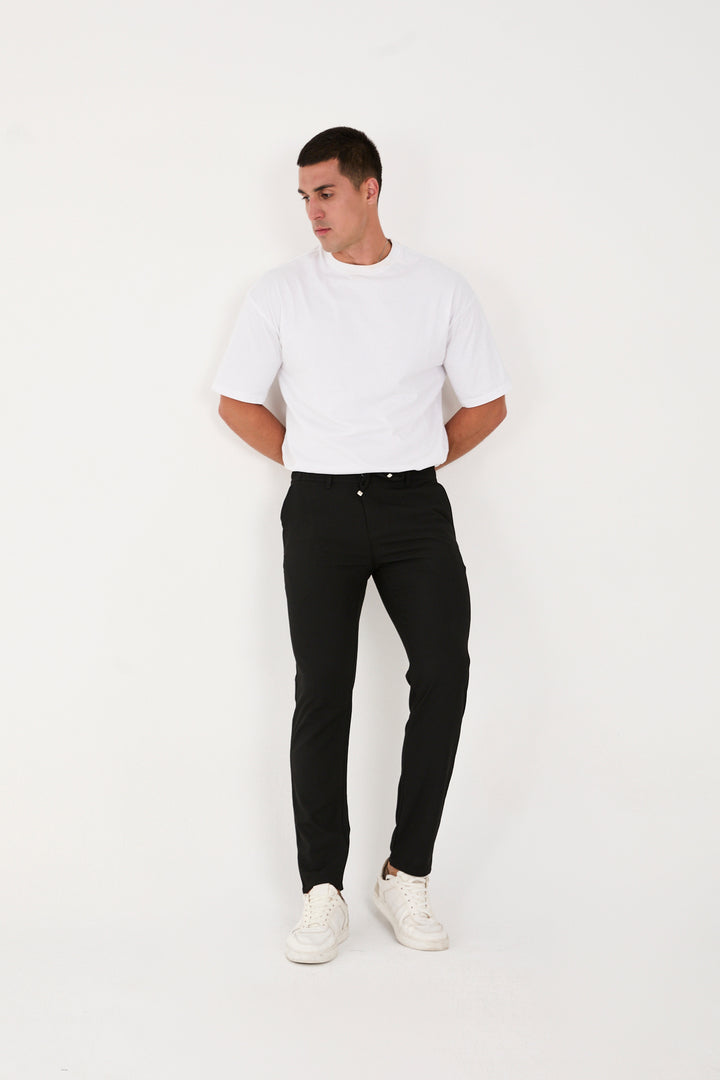 Erkek Jogger Slim Fit Bel Yarım Lastikli Likralı Kumaş Pantolon - Siyah