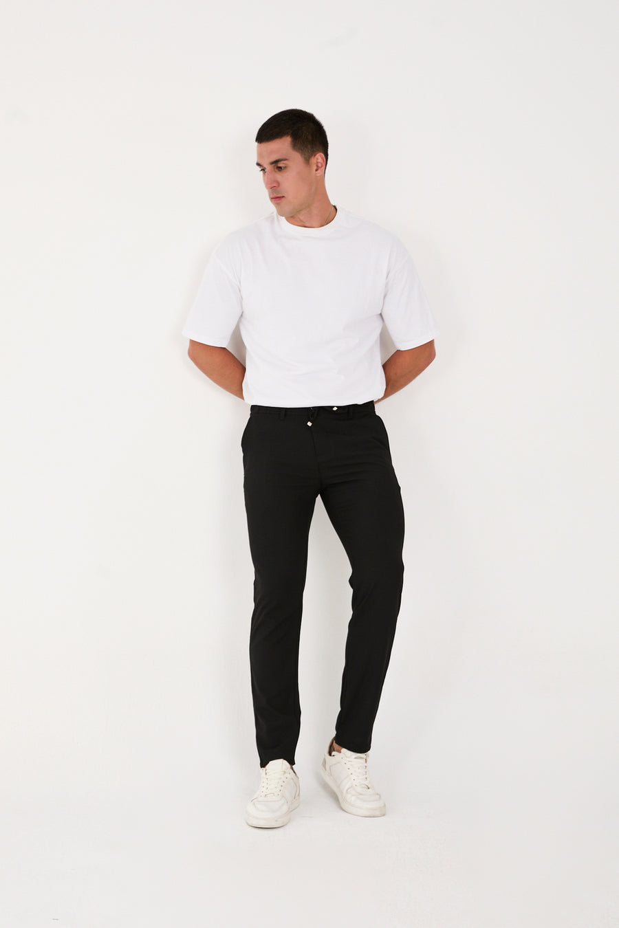Erkek Jogger Slim Fit Bel Yarım Lastikli Likralı Kumaş Pantolon - Siyah