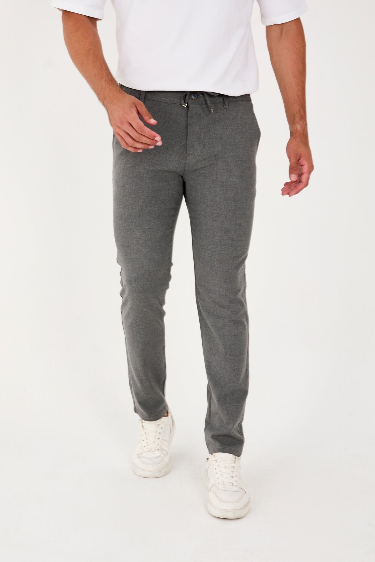 Erkek Jogger Slim Fit Bel Yarım Lastikli Likralı Kumaş Pantolon - Koyu Gri