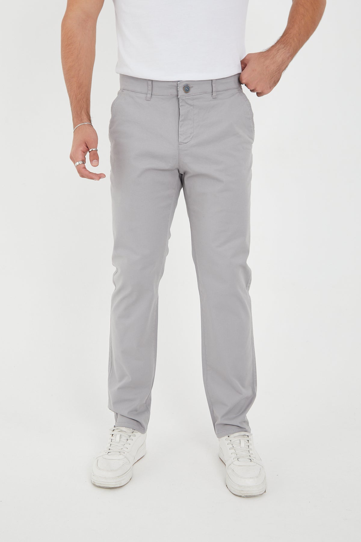 Erkek Kışlık Regular Fit Likralı Gabardin Chino Pantolon - Açık Gri