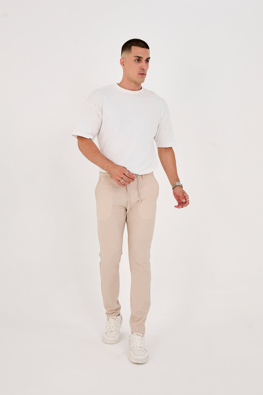 Erkek Gofre Kumaş Likralı Jogger Slim Fit Pantolon - Bej