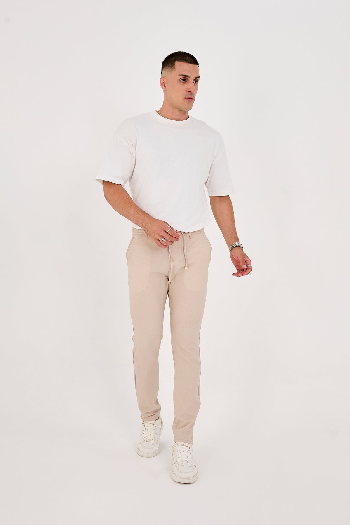 Erkek Gofre Kumaş Likralı Jogger Slim Fit Pantolon - Bej