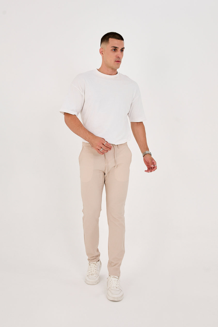 Erkek Gofre Kumaş Likralı Jogger Slim Fit Pantolon - Bej