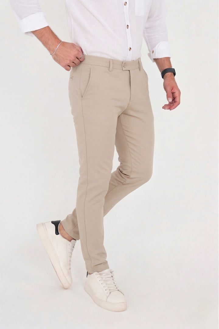 Erkek Comfort Slim Fit Esnek Dokuma Kumaş Pantolon - Bej
