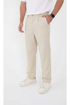 Erkek Çizgili Gofre Baggy Pantolon - Krem