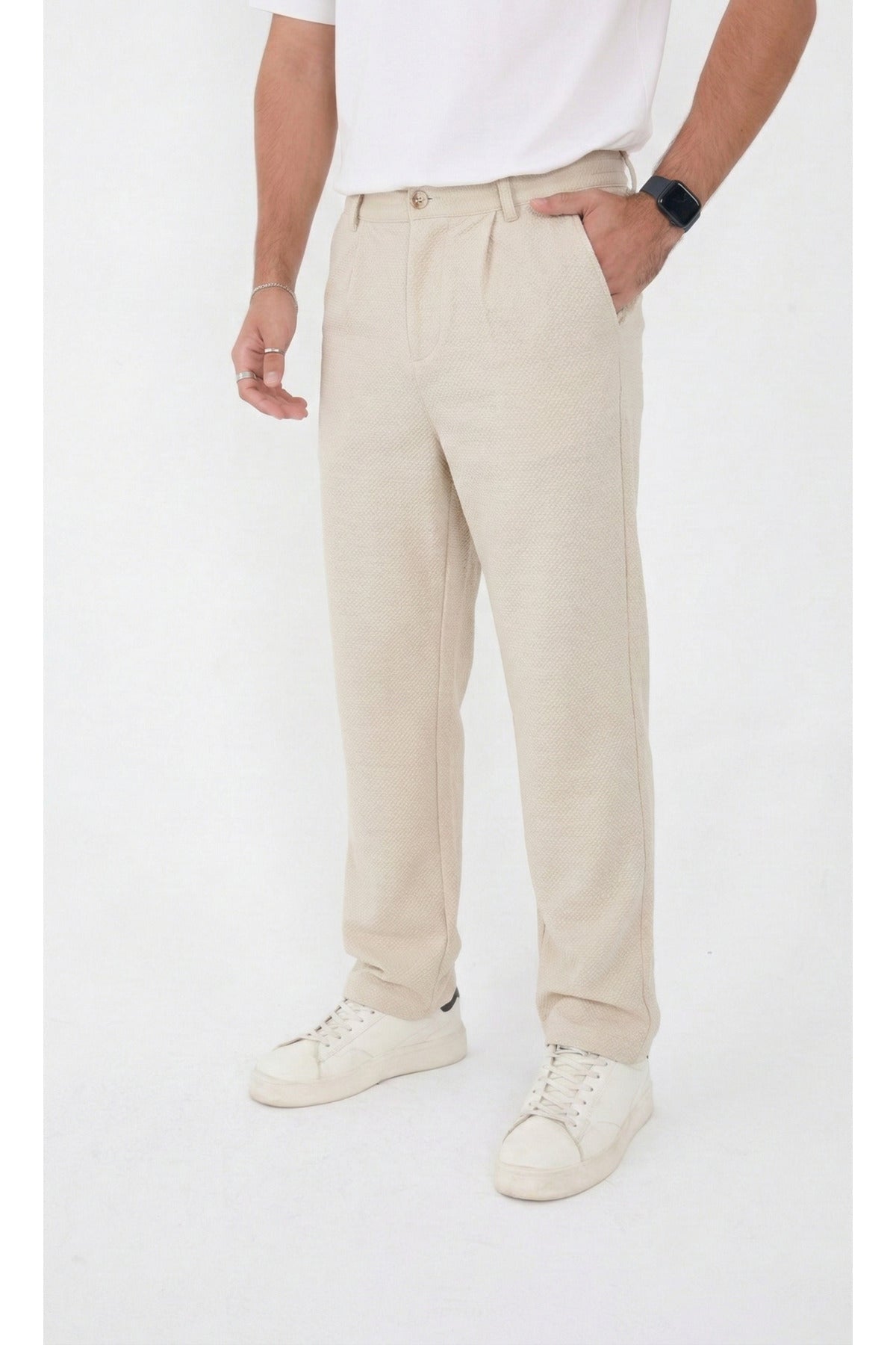 Erkek Çizgili Gofre Baggy Pantolon - Krem