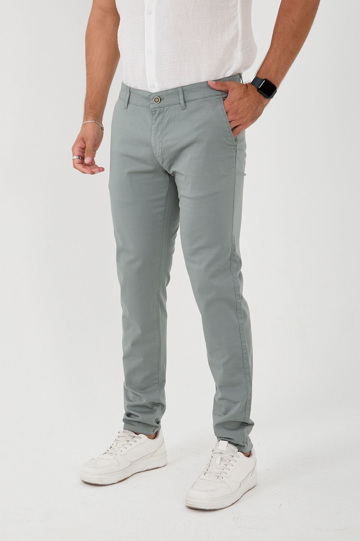 Erkek Likralı Slim Fit Chino Pantolon - Açık Haki