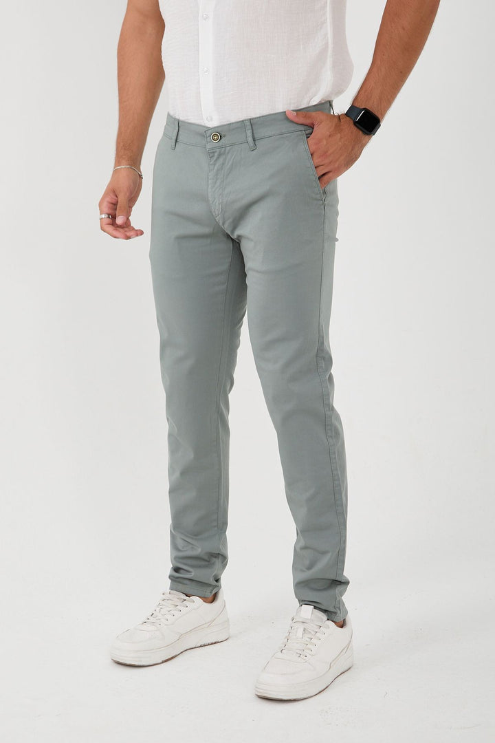 Erkek Likralı Slim Fit Chino Pantolon - Açık Haki