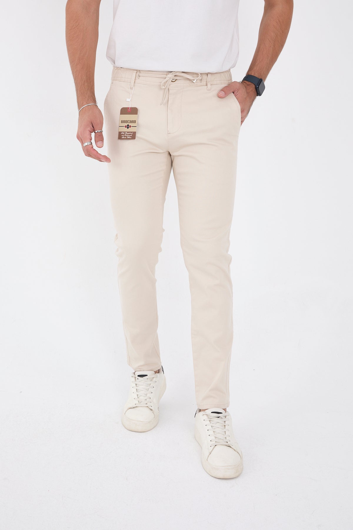 Erkek Mevsimlik Jogger Slim Fit Bel Yarım Lastikli Likralı Keten Pantolon - Taş