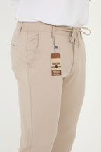 Erkek Jogger Slim Fit Bel Yarım Lastikli Duble Paça Kumaş Pantolon - Bej