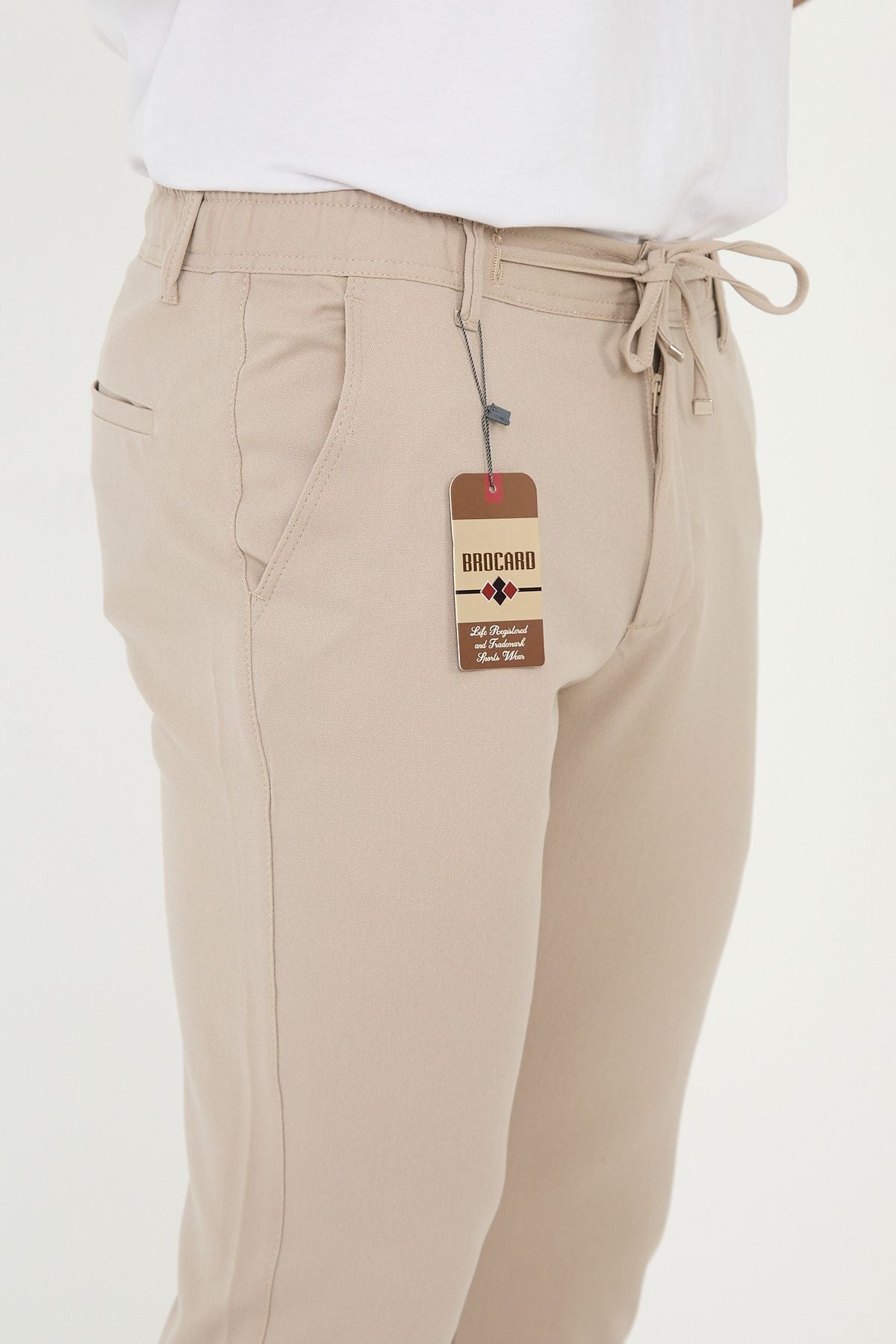 Erkek Jogger Slim Fit Bel Yarım Lastikli Duble Paça Kumaş Pantolon - Bej