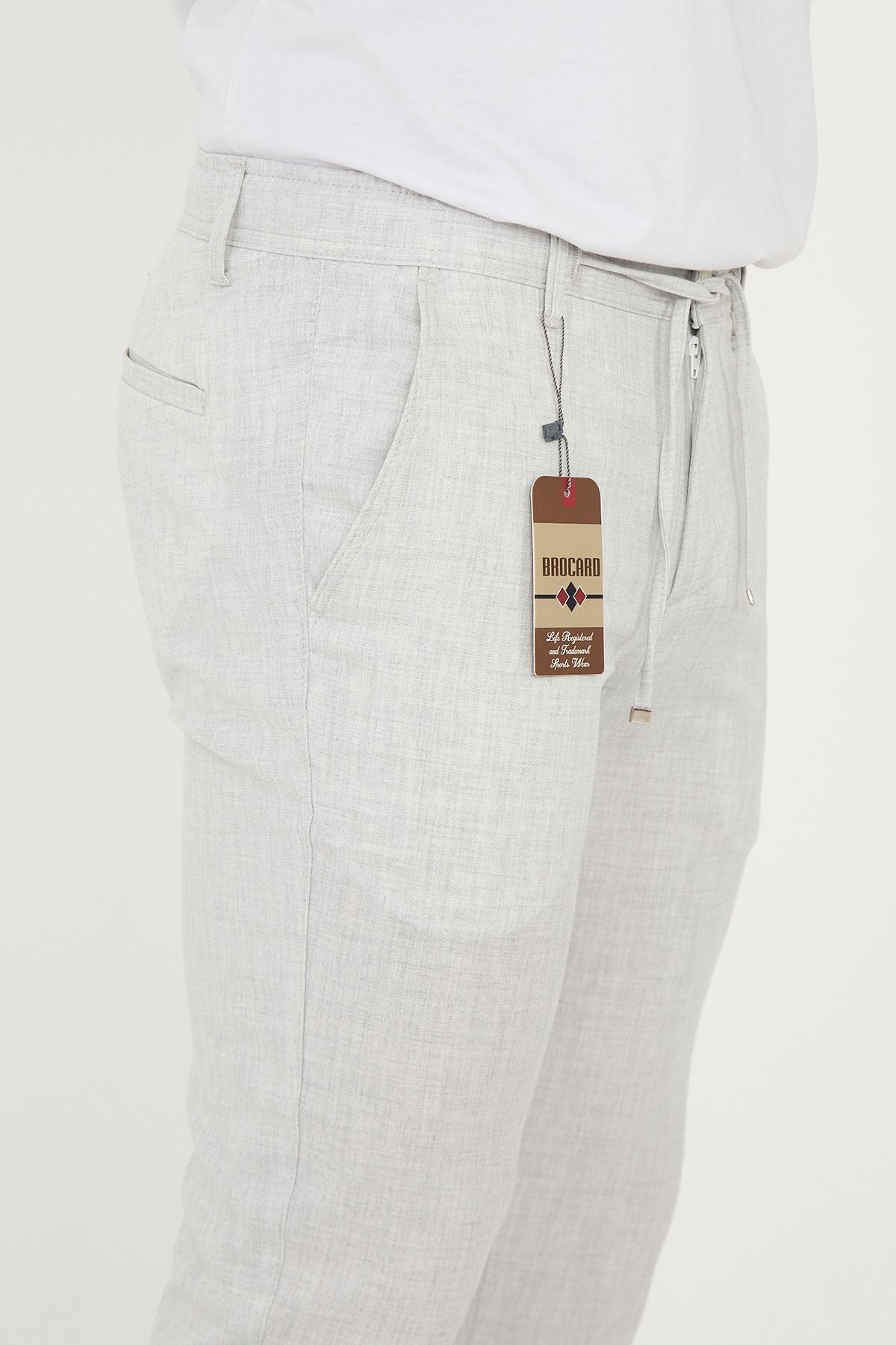 Erkek Jogger Slim Fit Bel Yarım Lastikli Duble Paça Kumaş Pantolon - Açık Gri