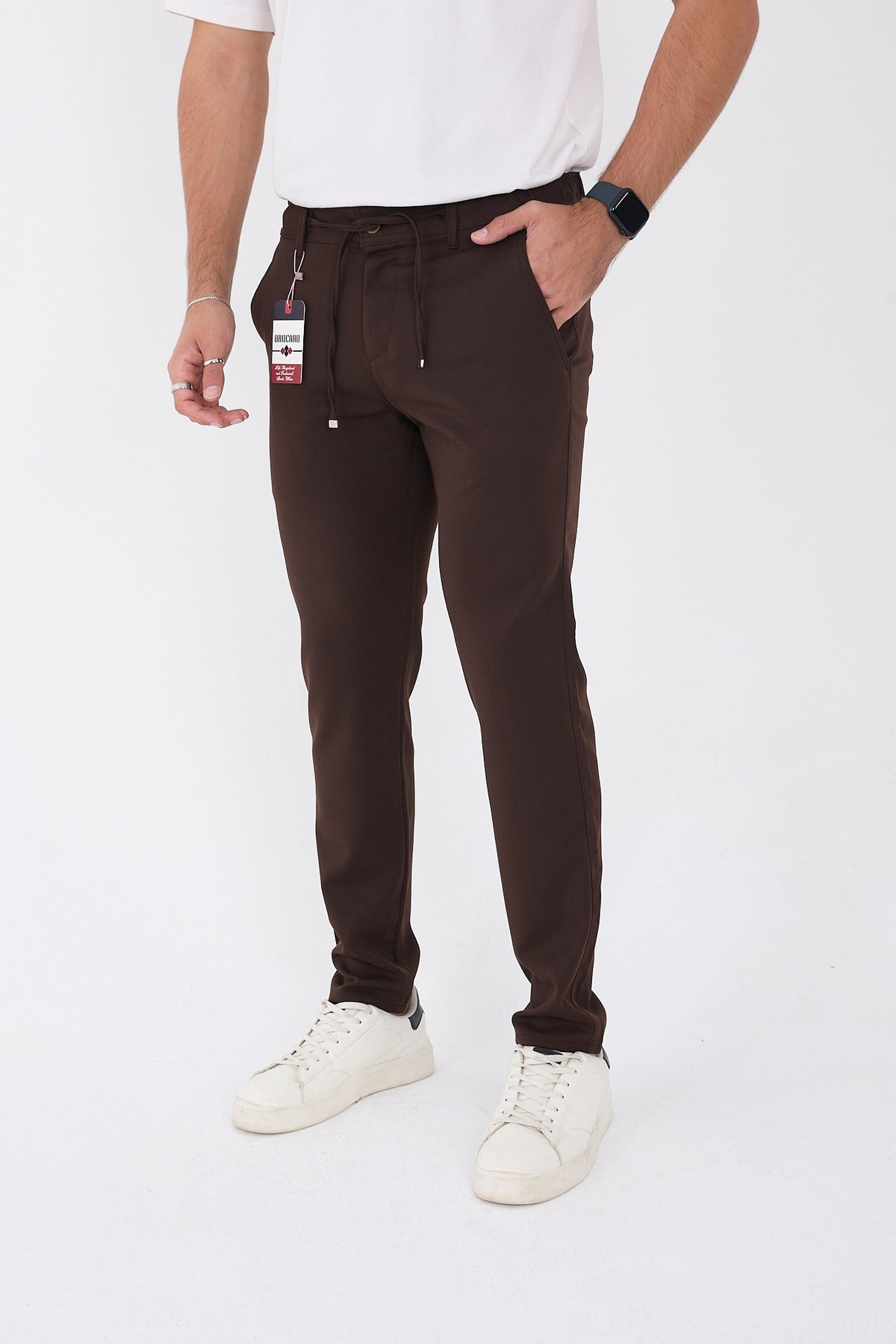 Erkek Kışlık Jogger Slim Fit Bel Yarım Lastikli Kumaş Pantolon - Kahverengi