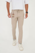 Erkek Jogger Slim Fit Bel Yarım Lastikli Duble Paça Kumaş Pantolon - Bej