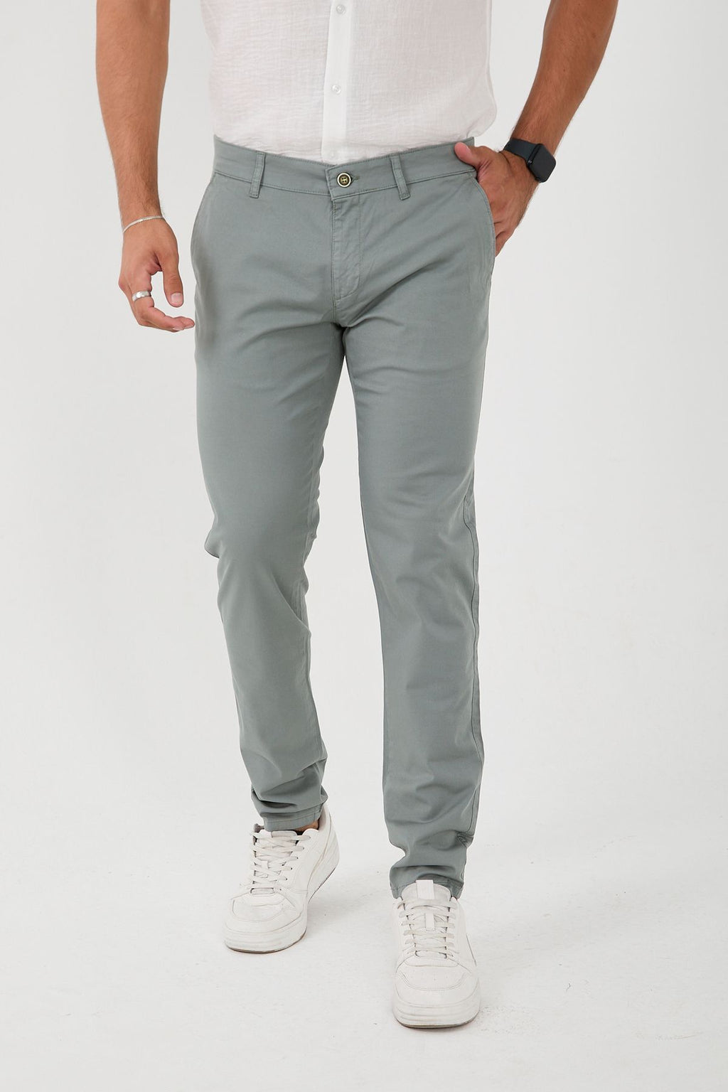 Erkek Likralı Slim Fit Chino Pantolon - Açık Haki