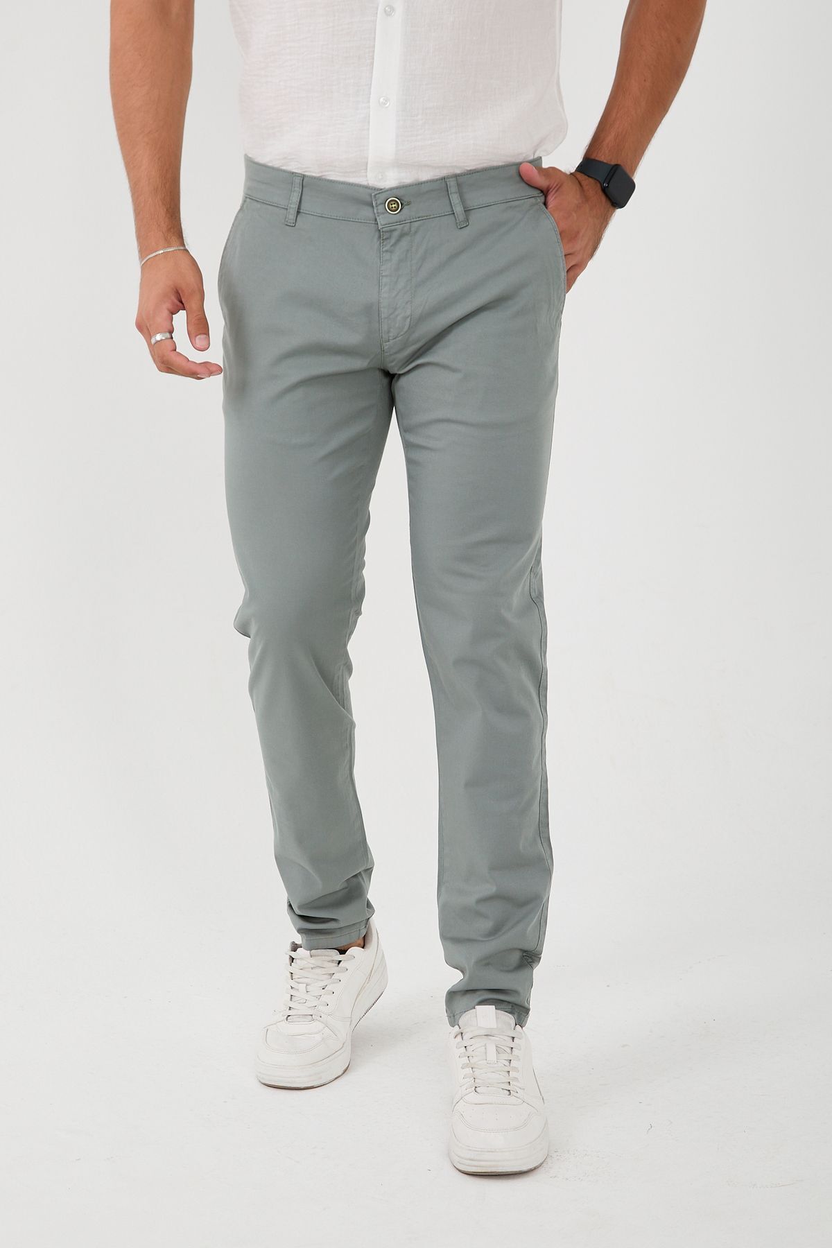 Erkek Likralı Slim Fit Chino Pantolon - Açık Haki