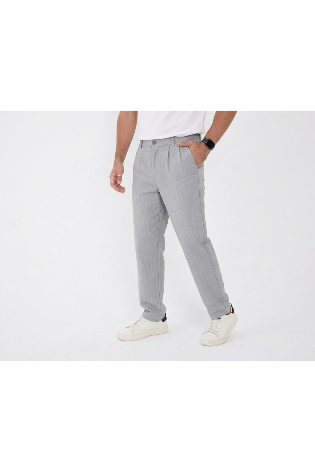 Erkek Çizgili Gofre Baggy Pantolon - Gri