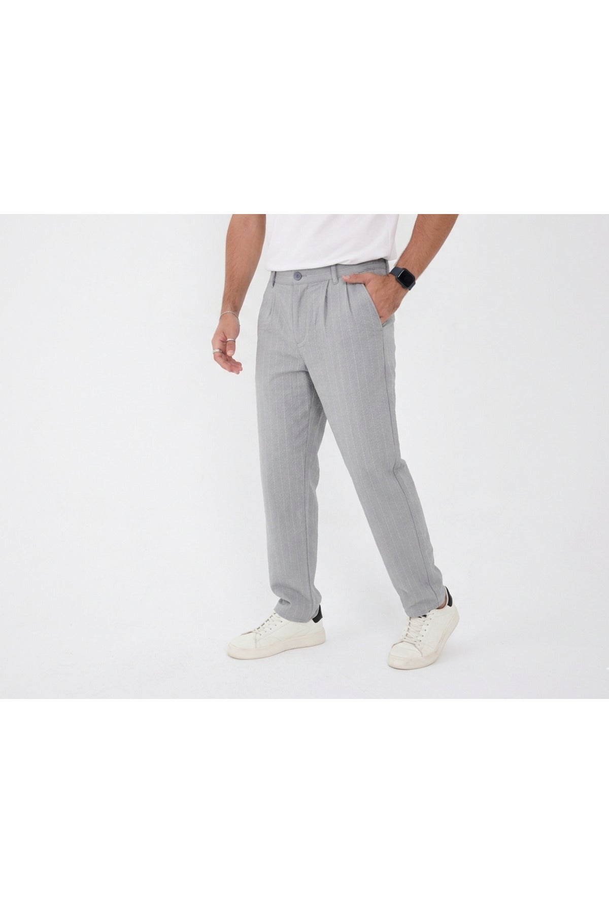 Erkek Çizgili Gofre Baggy Pantolon - Gri