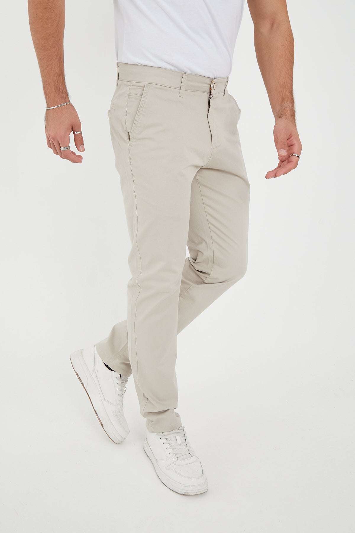 Erkek Kışlık Regular Fit Likralı Gabardin Chino Pantolon - Taş