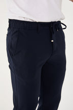 Erkek Jogger Slim Fit Bel Yarım Lastikli Likralı Kumaş Pantolon - Lacivert