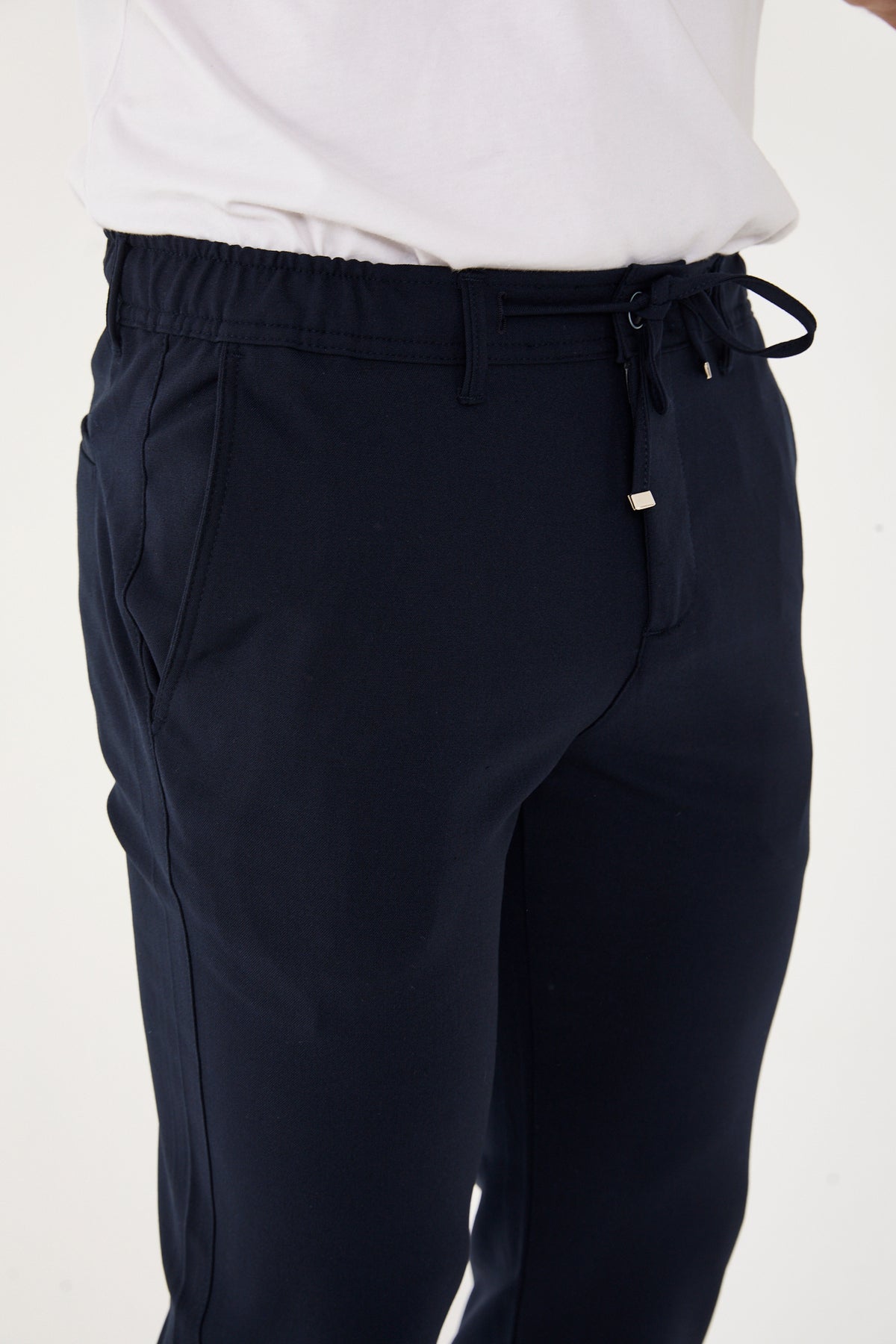 Erkek Jogger Slim Fit Bel Yarım Lastikli Likralı Kumaş Pantolon - Lacivert