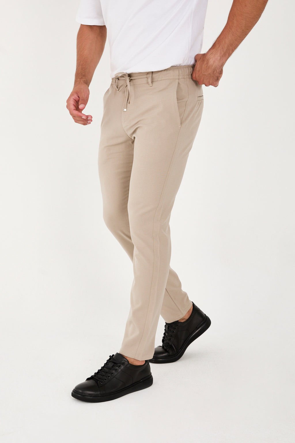 Erkek Jogger Slim Fit Bel Yarım Lastikli Likralı Kumaş Pantolon - Bej