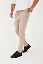 Erkek Jogger Slim Fit Bel Yarım Lastikli Likralı Kumaş Pantolon - Bej