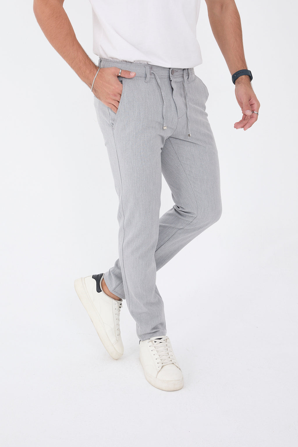 Erkek Kışlık Jogger Slim Fit Bel Yarım Lastikli Kumaş Pantolon - Gri