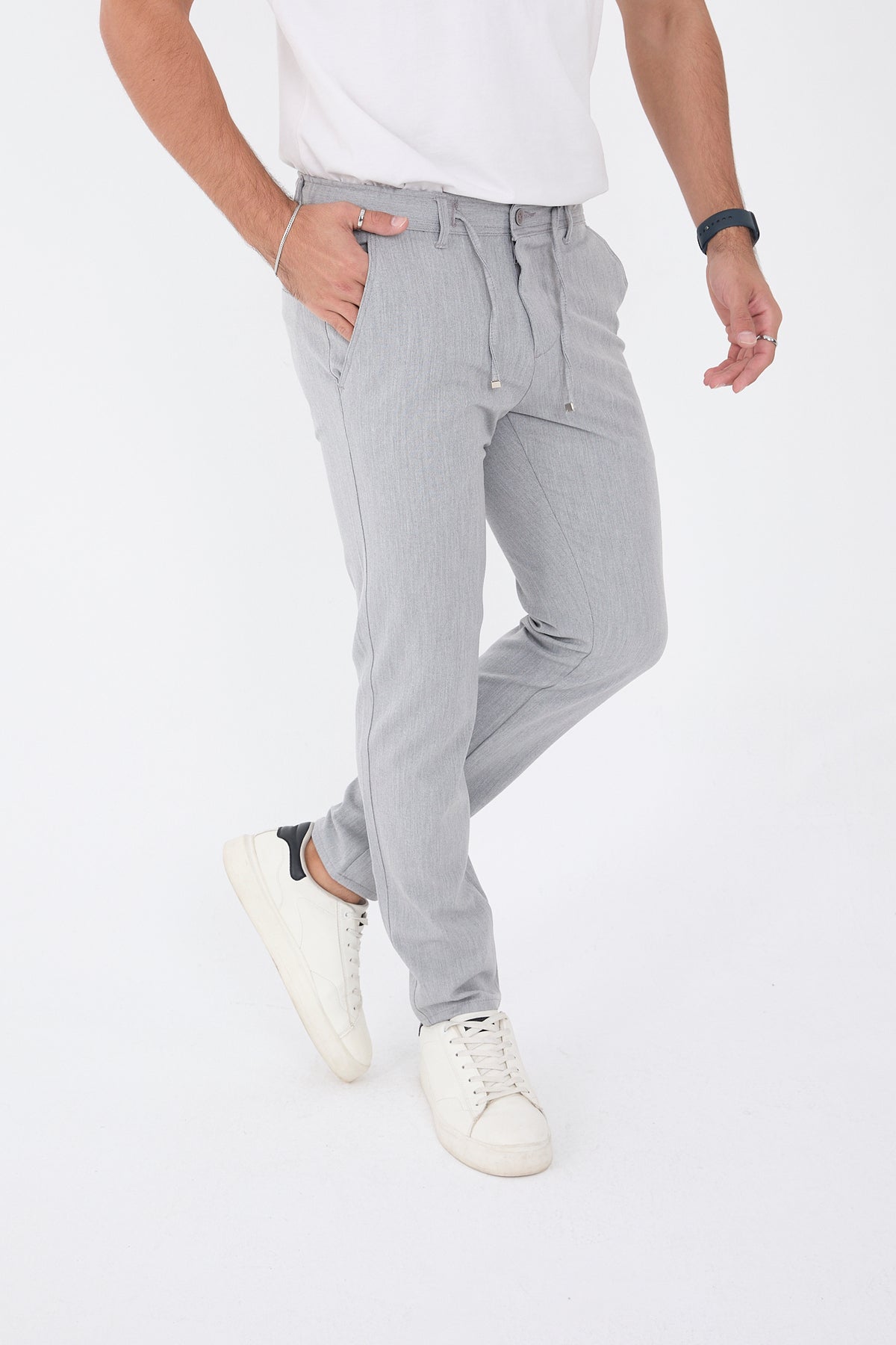 Erkek Kışlık Jogger Slim Fit Bel Yarım Lastikli Kumaş Pantolon - Gri