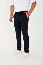 Erkek Jogger Slim Fit Bel Yarım Lastikli Likralı Kumaş Pantolon - Lacivert