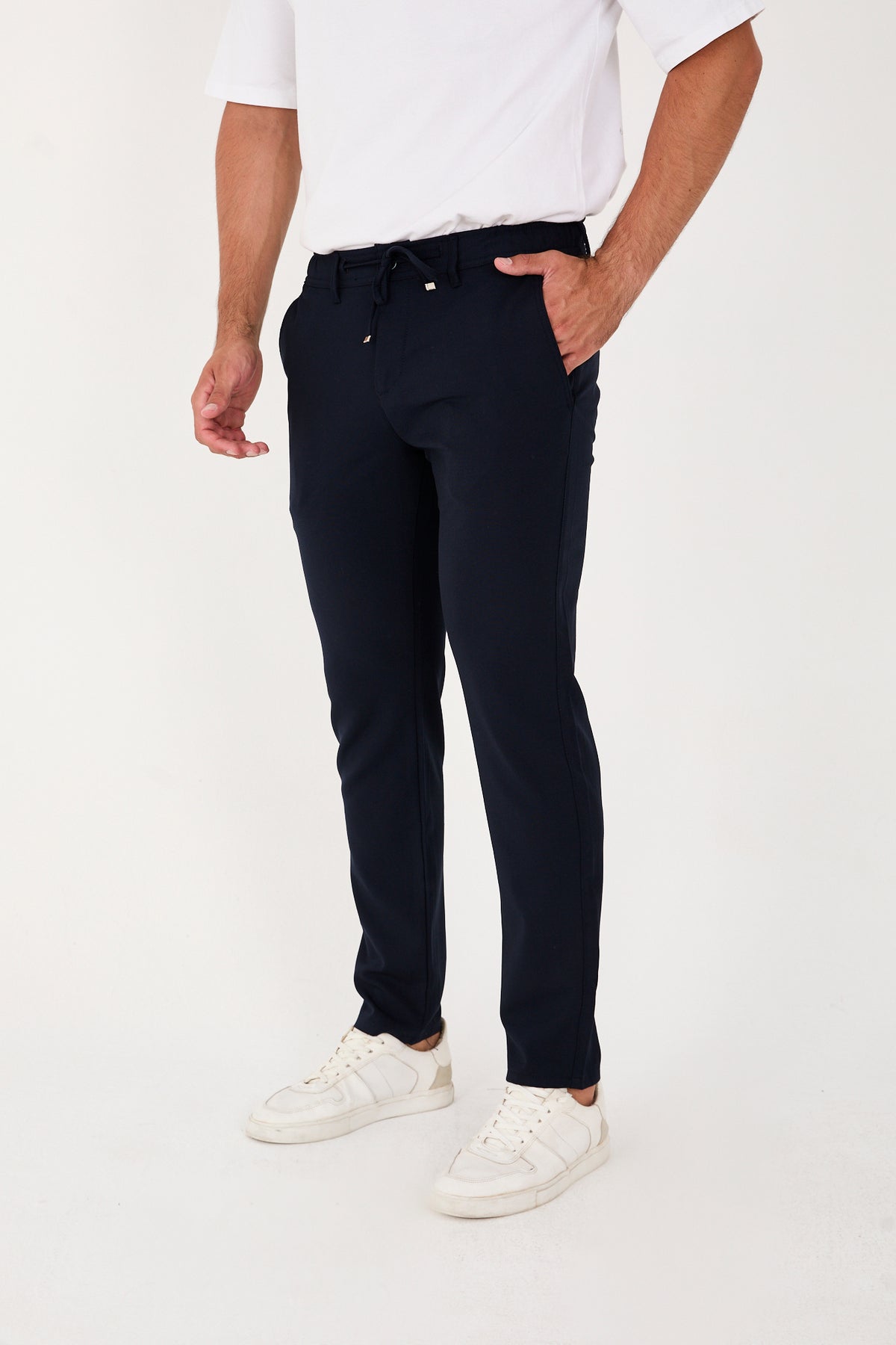 Erkek Jogger Slim Fit Bel Yarım Lastikli Likralı Kumaş Pantolon - Lacivert