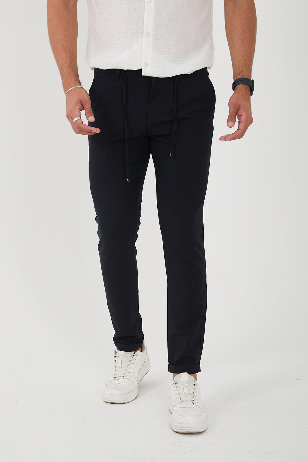 Erkek Jogger Slim Fit Bel Yarım Lastikli Duble Paça Kumaş Pantolon - Lacivert