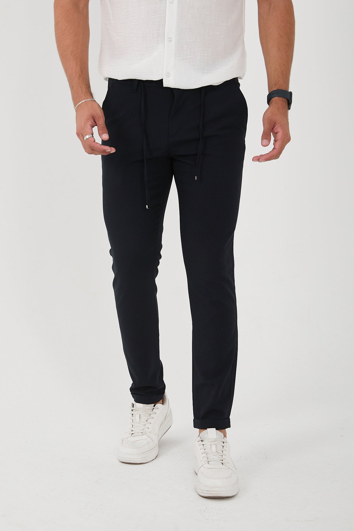 Erkek Jogger Slim Fit Bel Yarım Lastikli Duble Paça Kumaş Pantolon - Lacivert