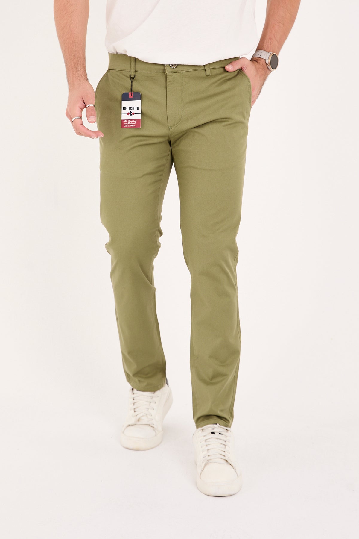 Erkek Slim Fit Dar Kesim Likralı Pamuklu Chino Kanvas Pantolon - Haki