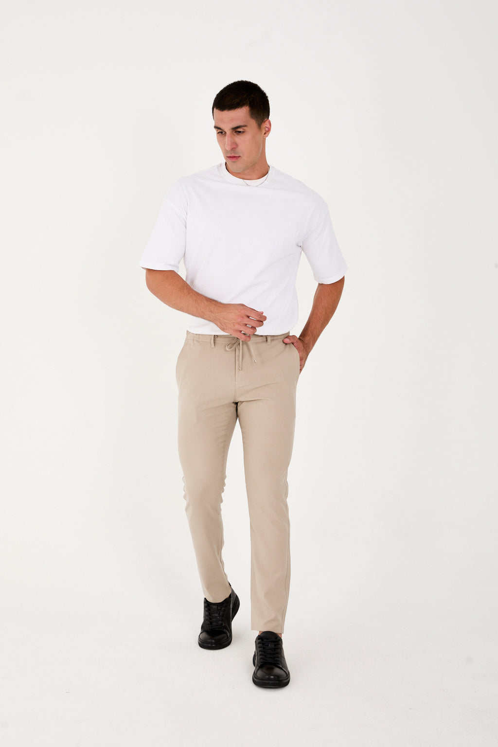Erkek Jogger Slim Fit Bel Yarım Lastikli Likralı Kumaş Pantolon - Bej