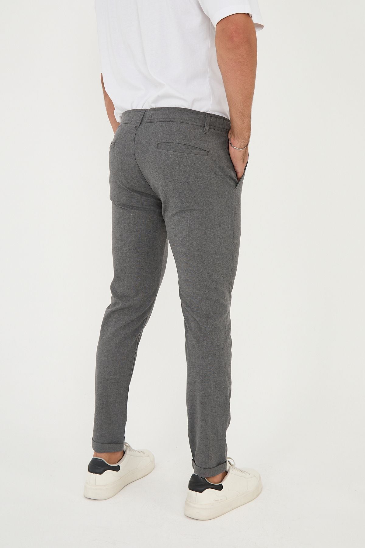Erkek Jogger Slim Fit Bel Yarım Lastikli Duble Paça Kumaş Pantolon - Koyu Gri