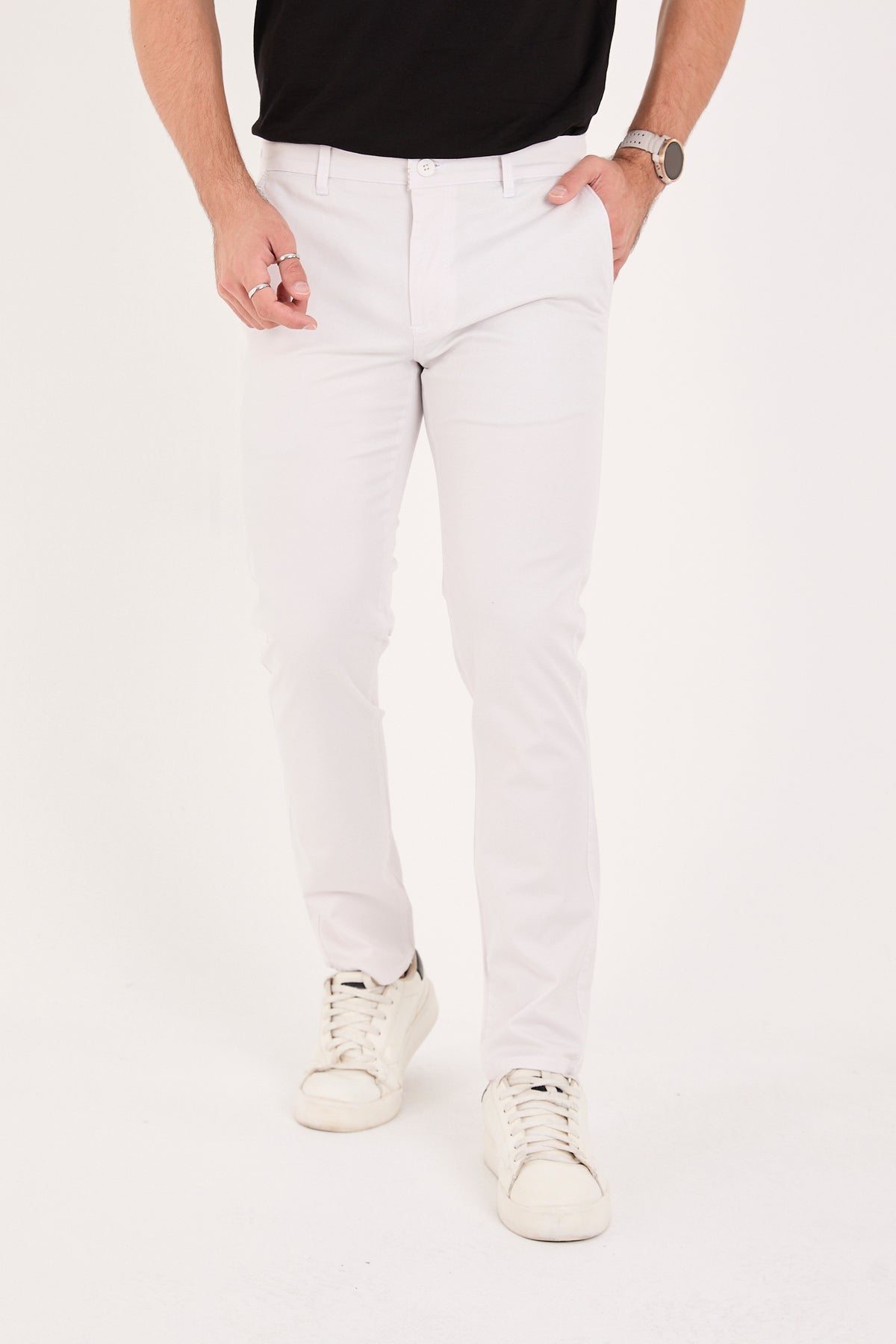 Erkek Slim Fit Dar Kesim Likralı Pamuklu Chino Kanvas Pantolon - Taş